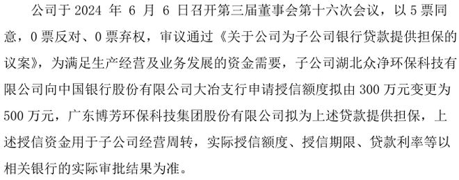 金年会博芳环保全资子公司湖北众净环保拟向银行申请授信额度拟由300万元变更为50